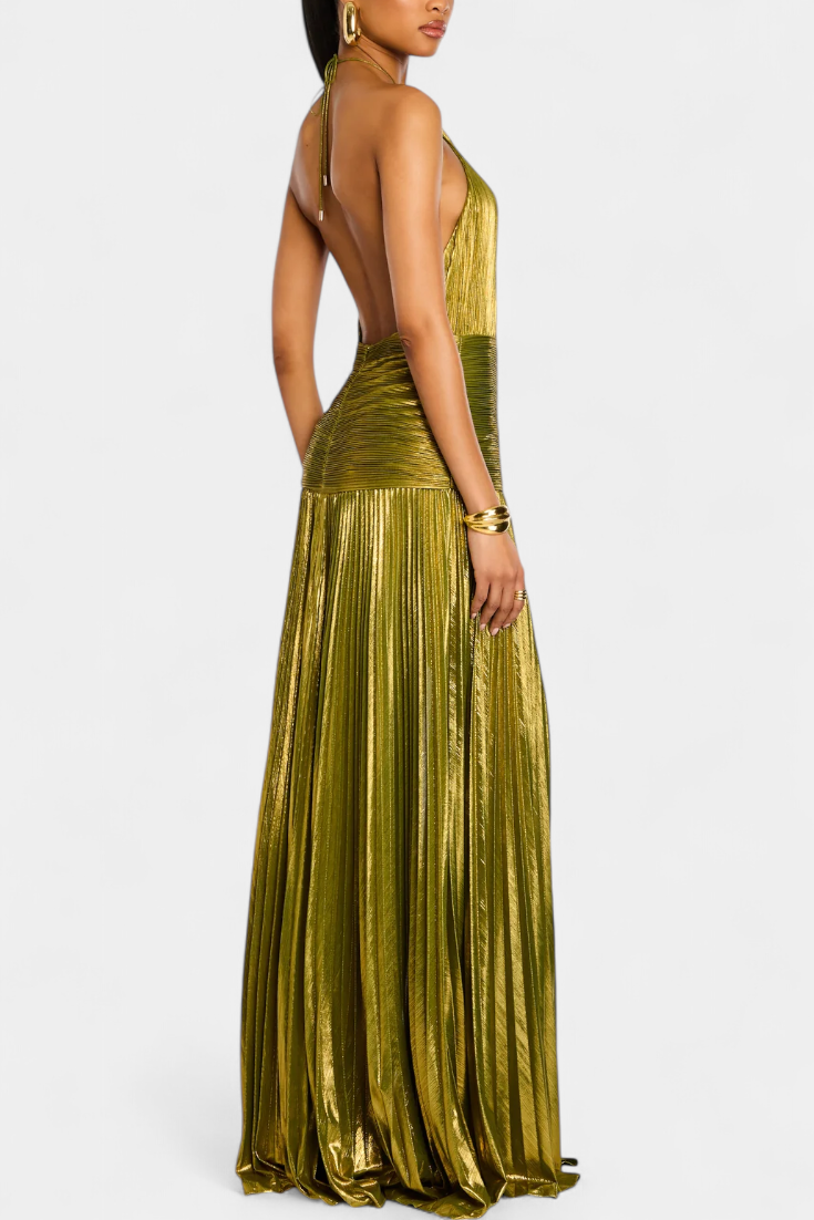 Emma | Vestido Halter con Espalda Abierta y Acabado Metálico