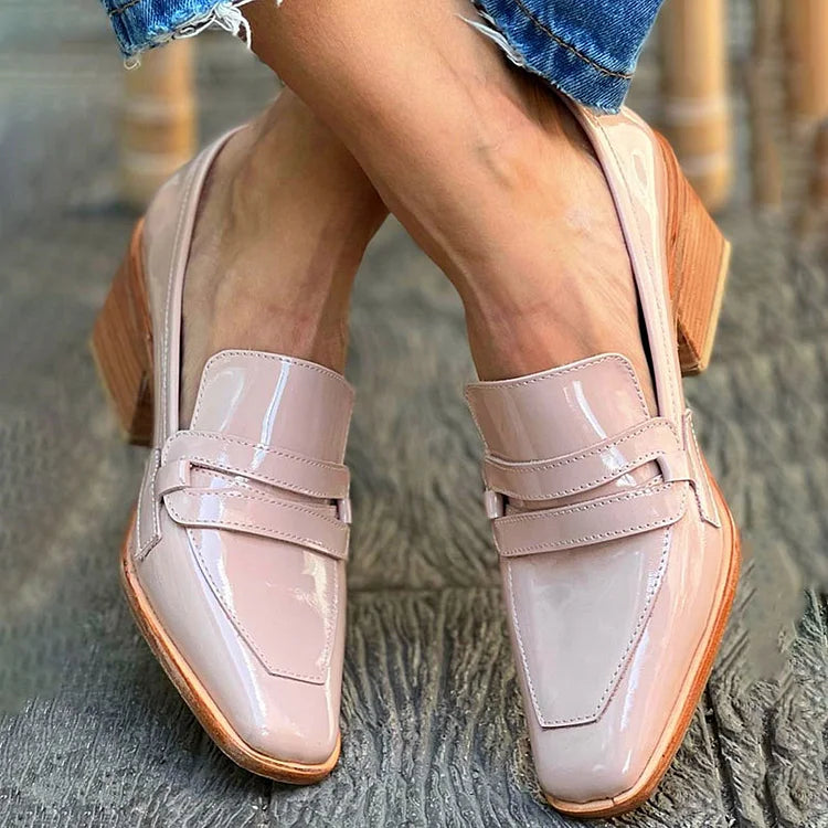 Mocasines chunky de charol rosa de punta cuadrada en piel