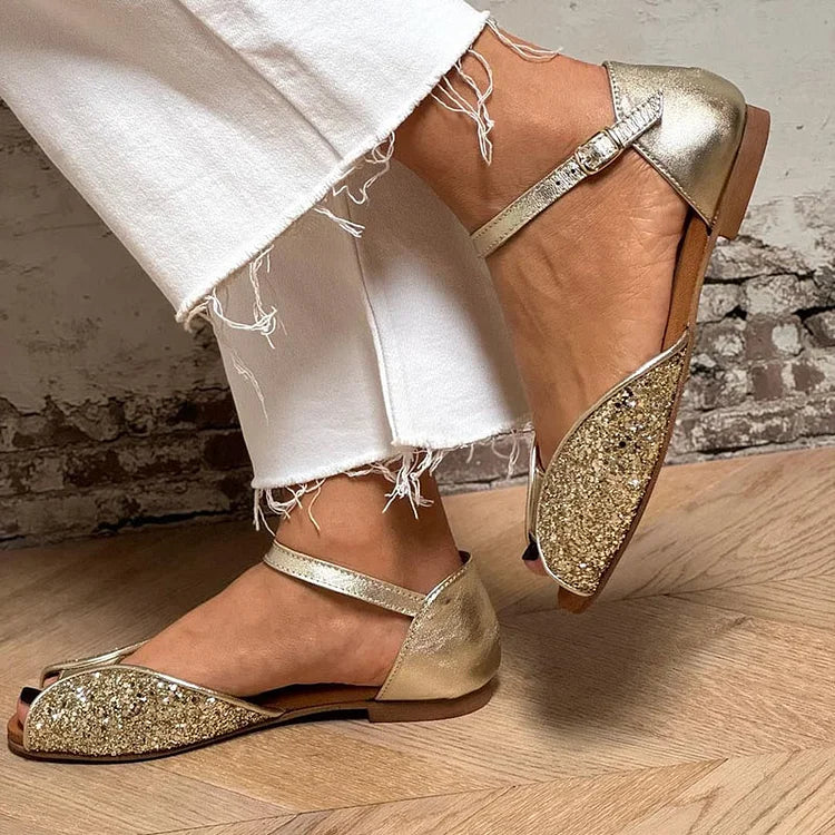 Sandalias peep toe con glitter patchwork Oro con tira al tobillo y hebilla