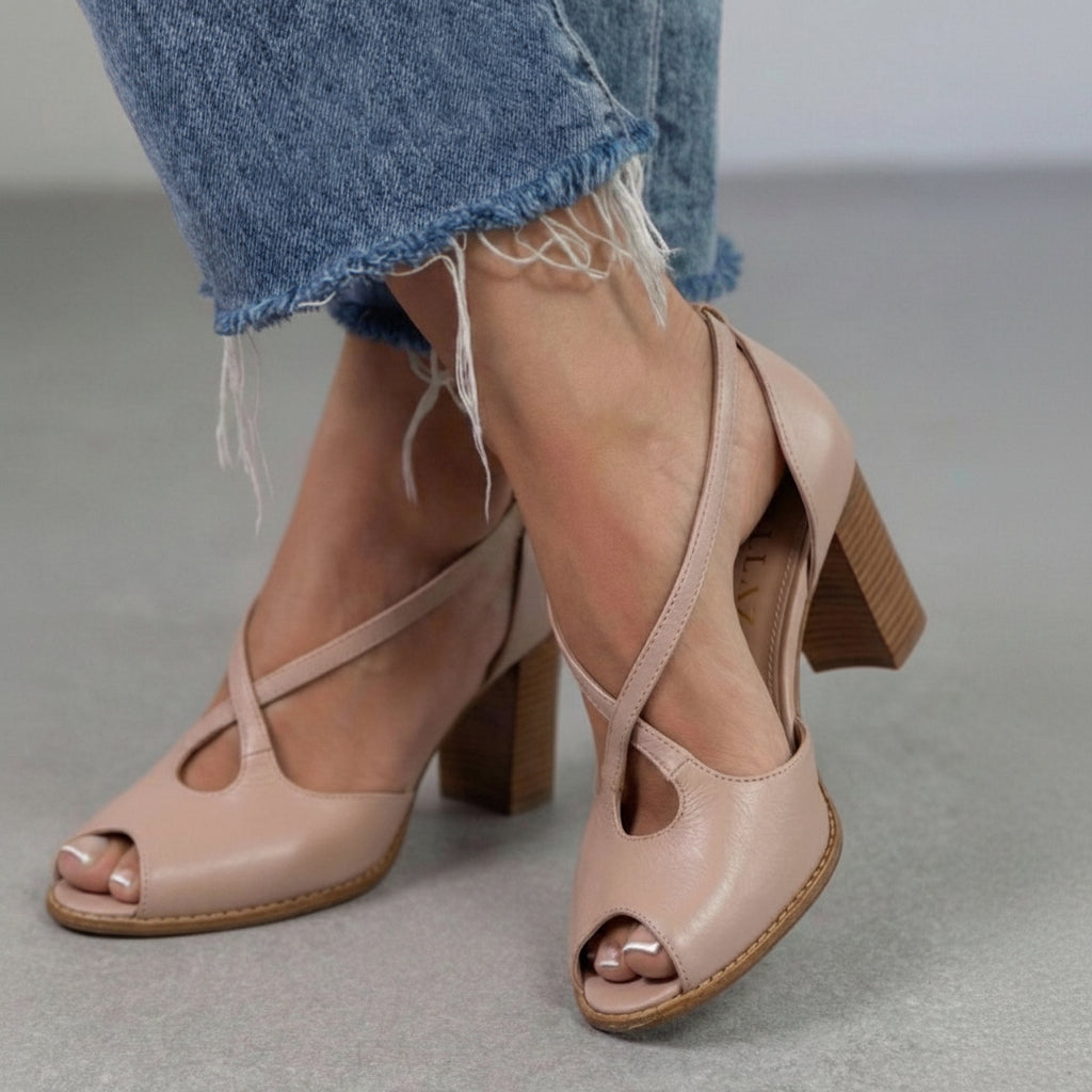 Sandalias elegantes Rosa Empolvado y Rosa en punta abierta con tiras cruzadas y tacón de bloque