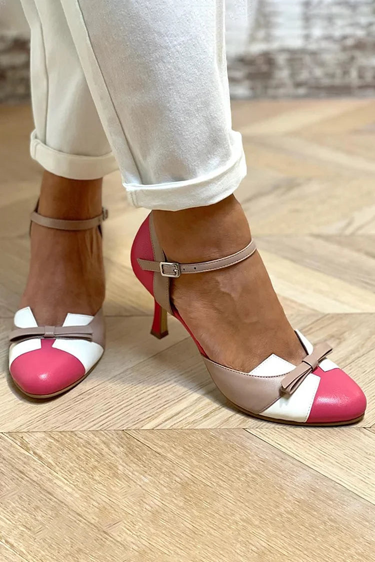 Tacones de aguja color block patchwork fucsia de punta redonda con lazo