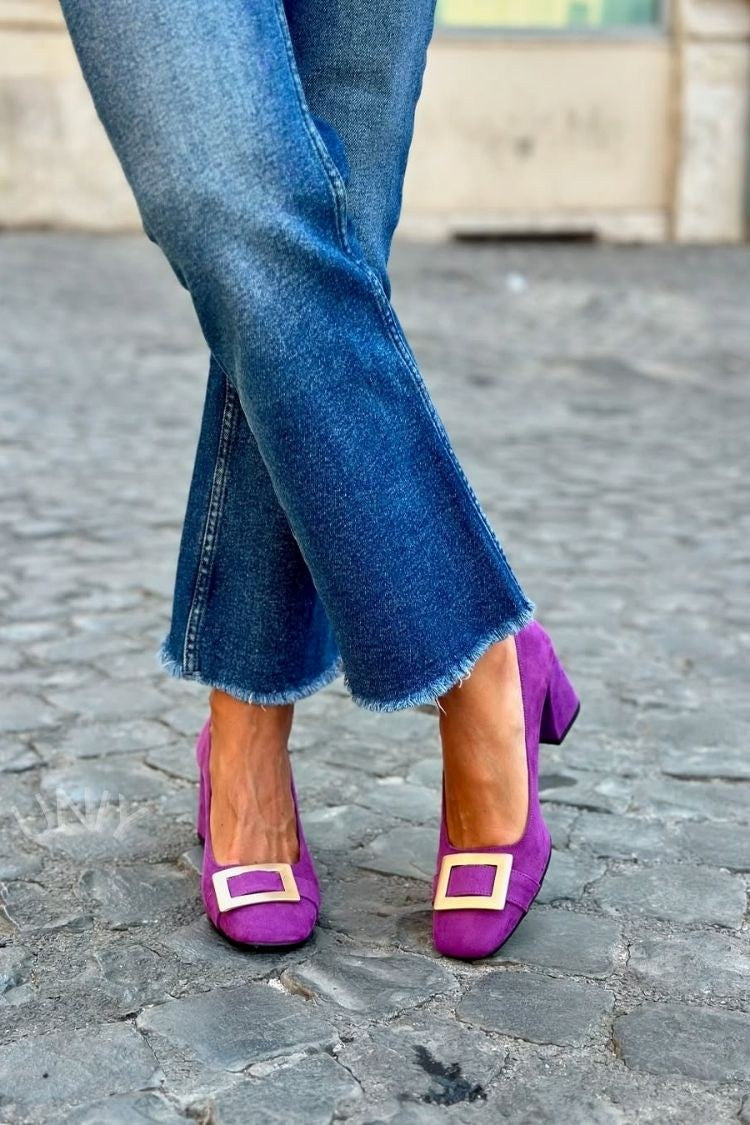Tacones anchos patchwork Azul Marino en punta cuadrada