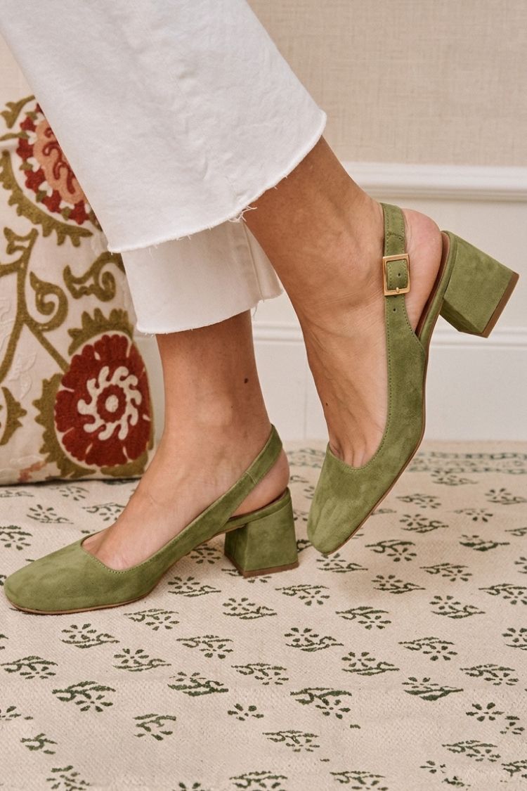 Tacones slingback esenciales chunky caqui de punta cuadrada con hebilla