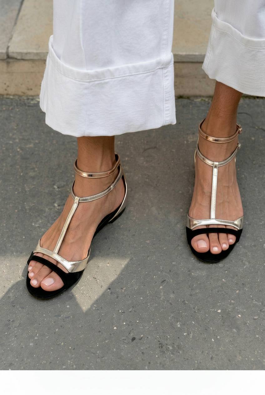Sandalias metalizadas bajas de punta abierta con tira en T