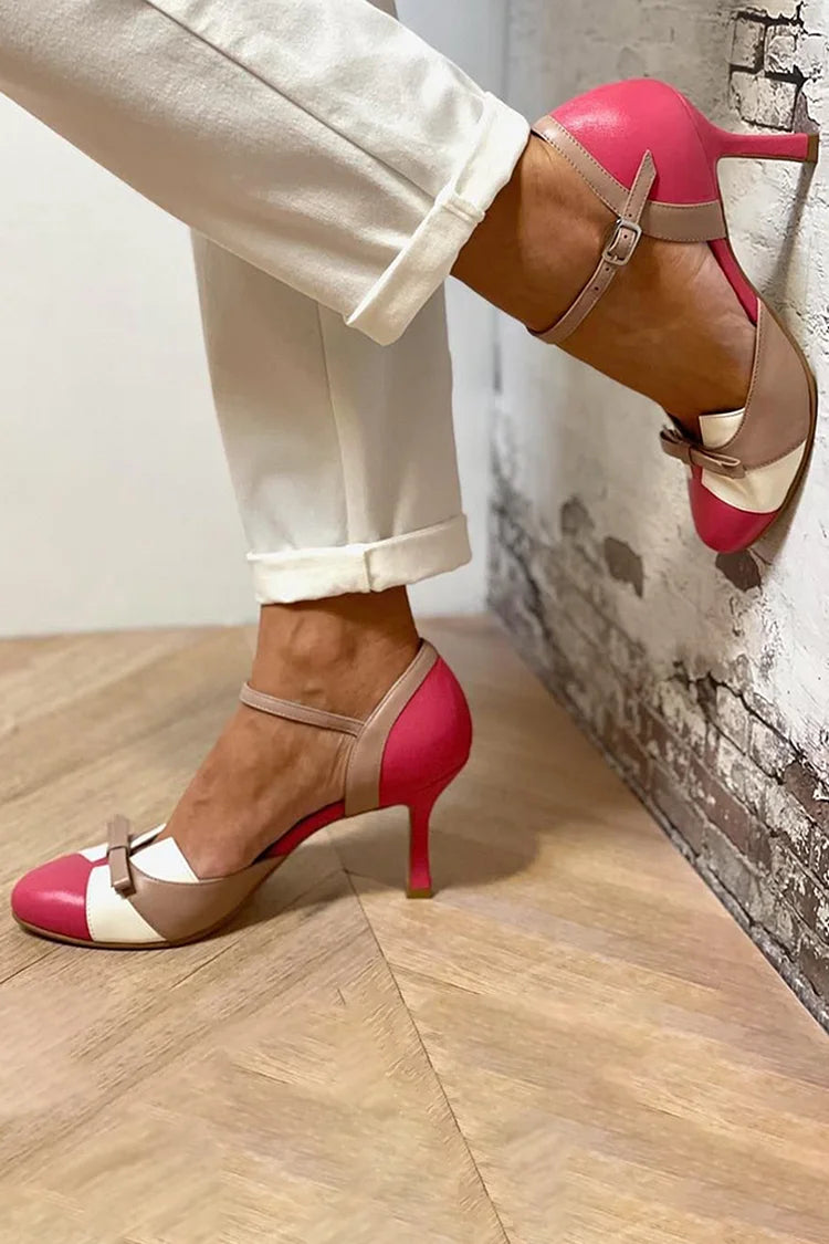 Tacones de aguja color block patchwork fucsia de punta redonda con lazo