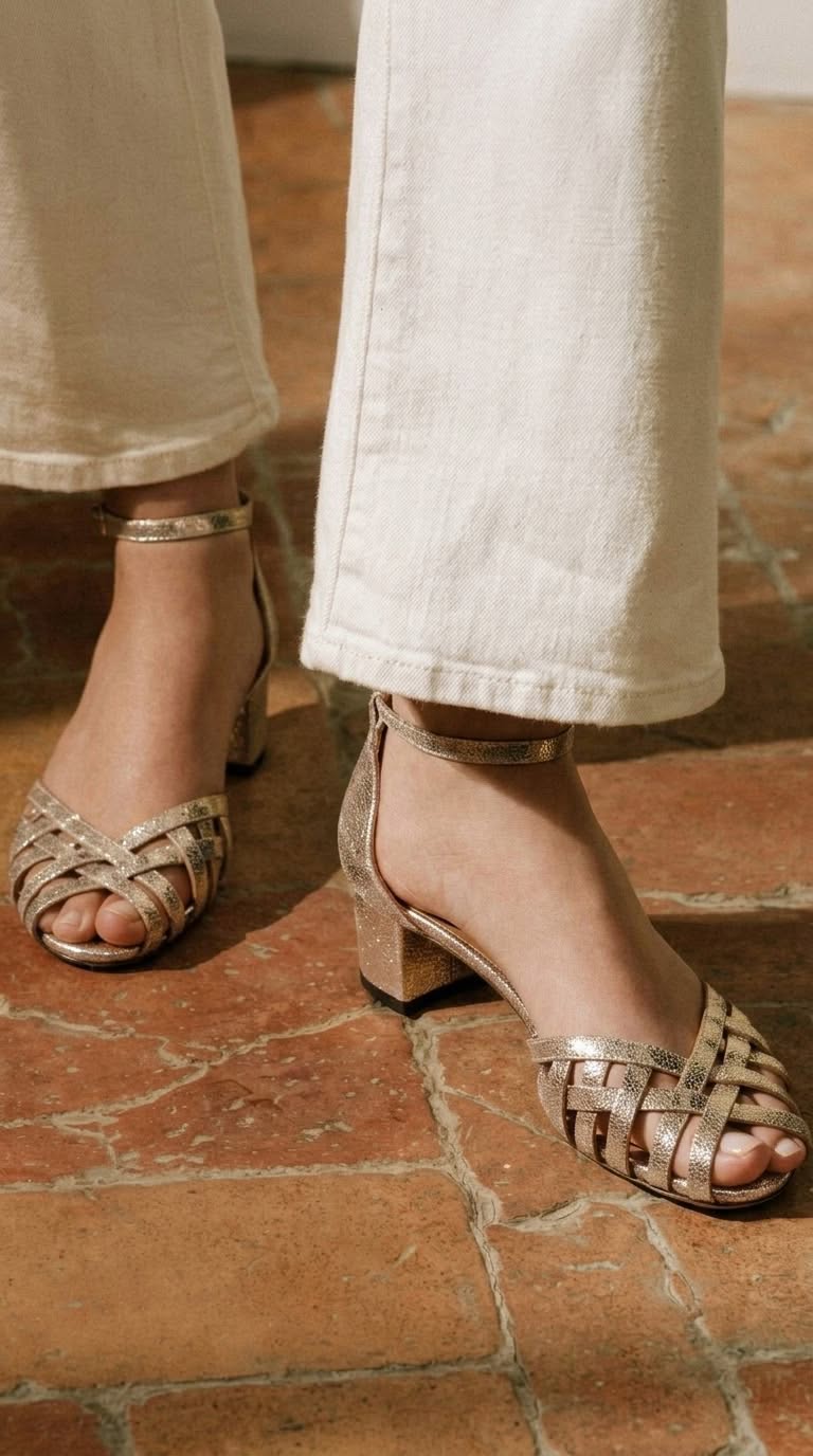Tacones anchos peep toe trenzados Oro con tira al tobillo y hebilla
