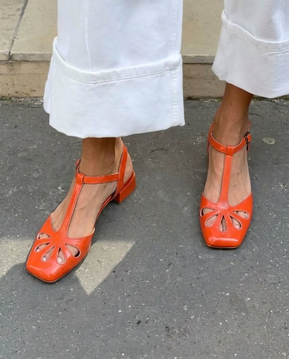 Tacones de bloque cut-out floral Naranja en punta cuadrada con tira en T