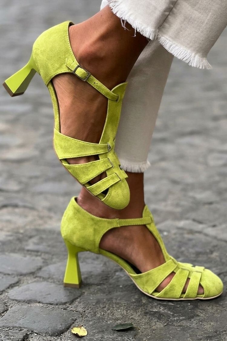 Sandalias de tacón cut-out crochet Verde en punta cerrada