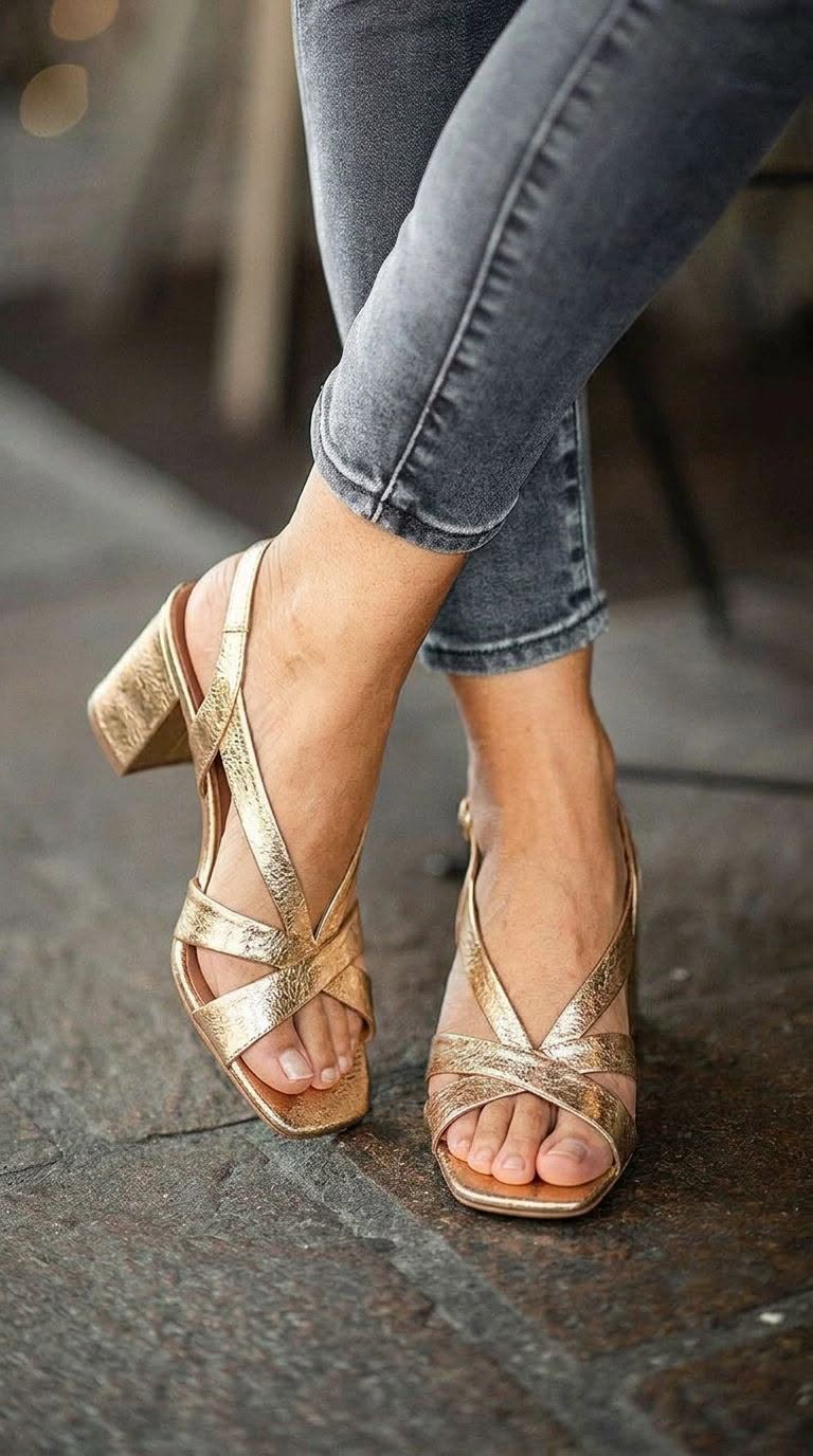Tacones de bloque slingback metalizados oro de punta cuadrada