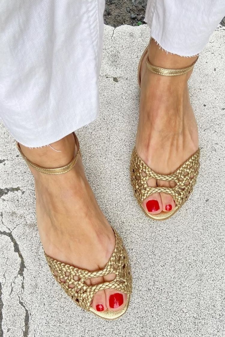 Sandalias cut-out trenzadas elegantes bajas de punta abierta con tira al tobillo