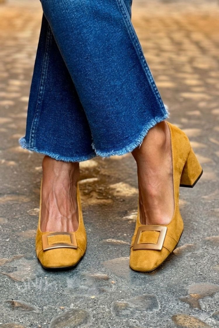Tacones anchos patchwork Azul Marino en punta cuadrada