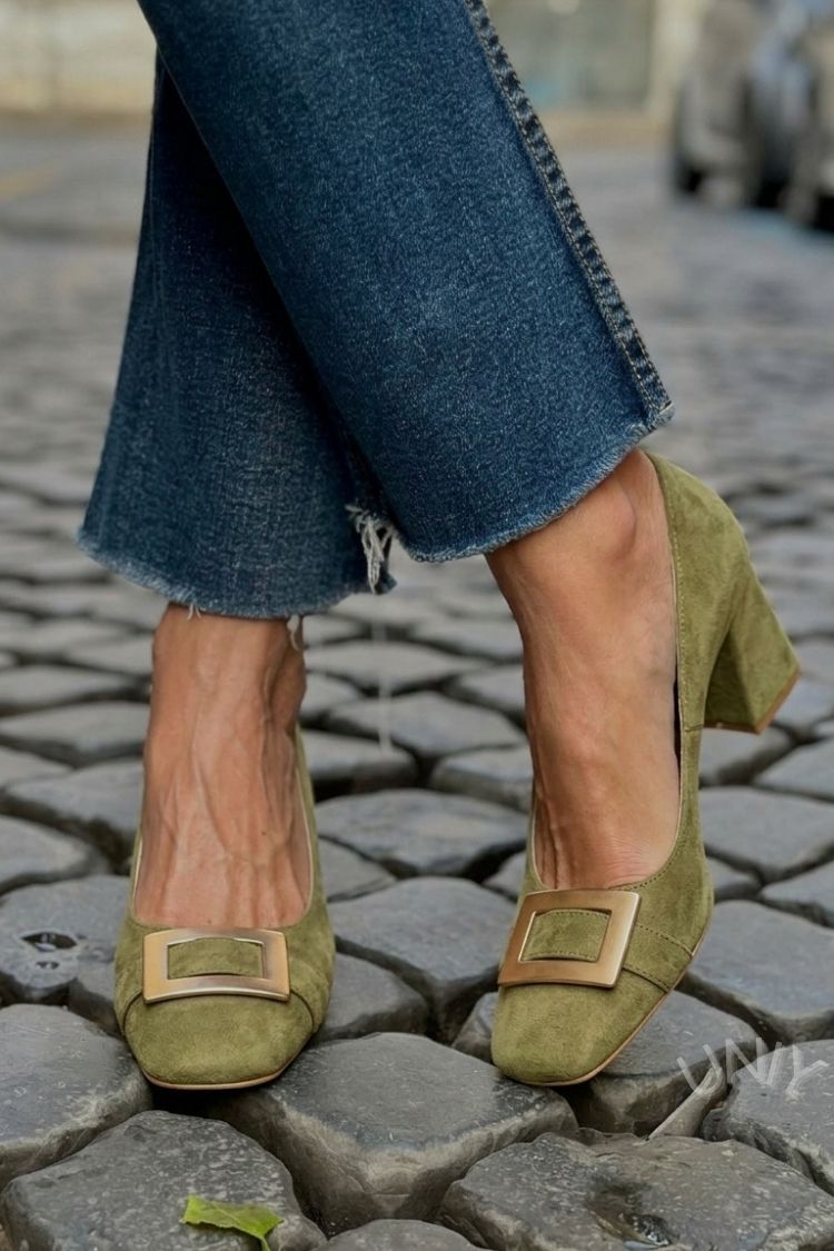 Tacones anchos patchwork Azul Marino en punta cuadrada