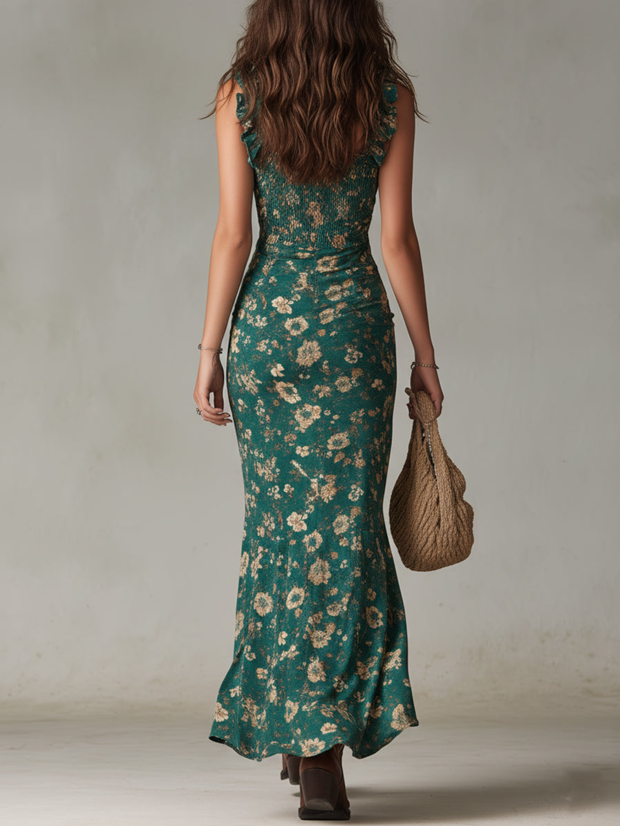 Sara - Vestido largo de estilo boho retro con mangas fruncidas y abertura alta