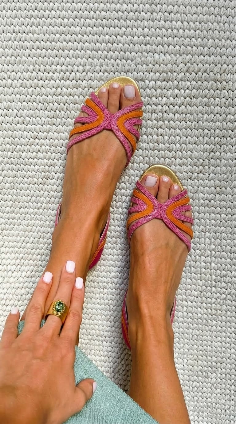 Sandalias peep toe bajas Naranja y Rosa con tiras