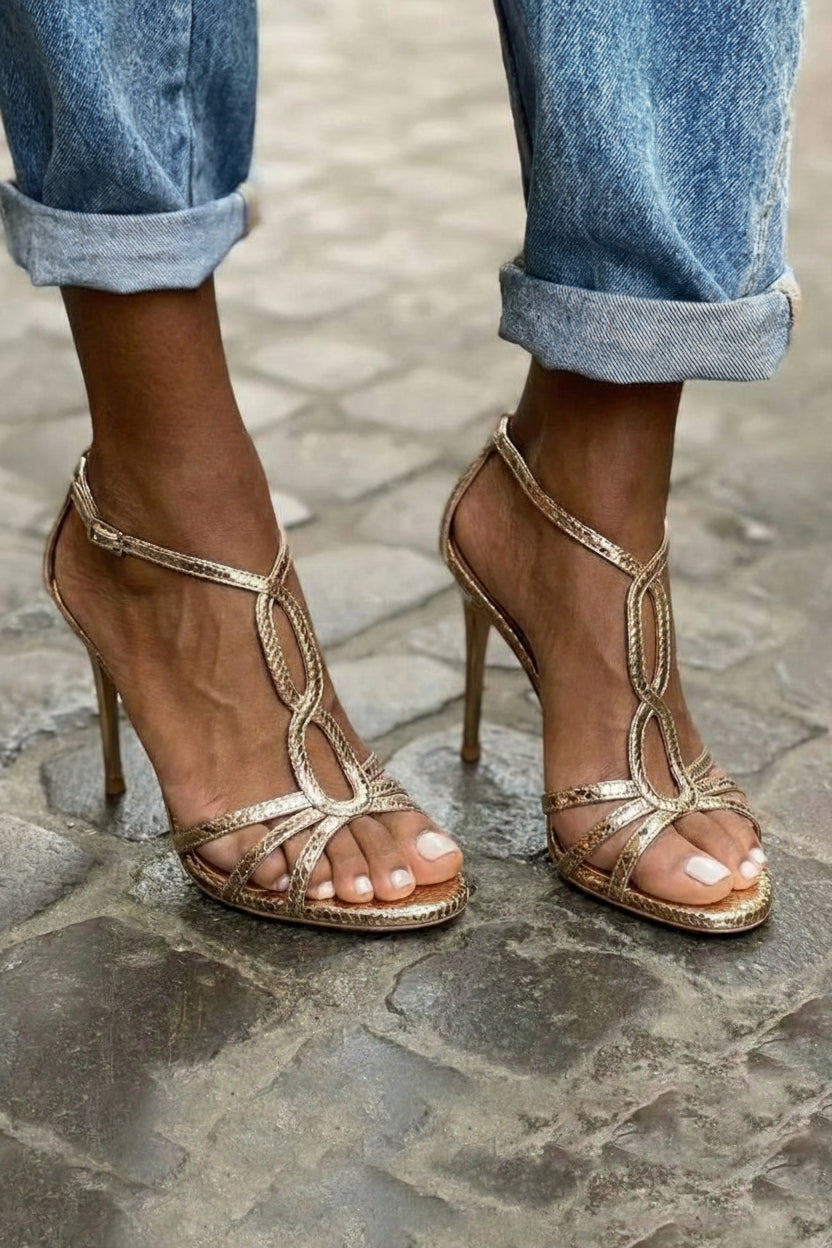 Tacones altos oro champán con hebilla al tobillo y tiras [Pre-venta]