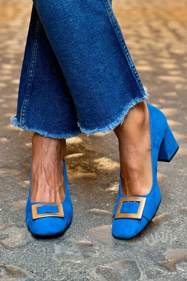 Tacones anchos patchwork Azul Marino en punta cuadrada