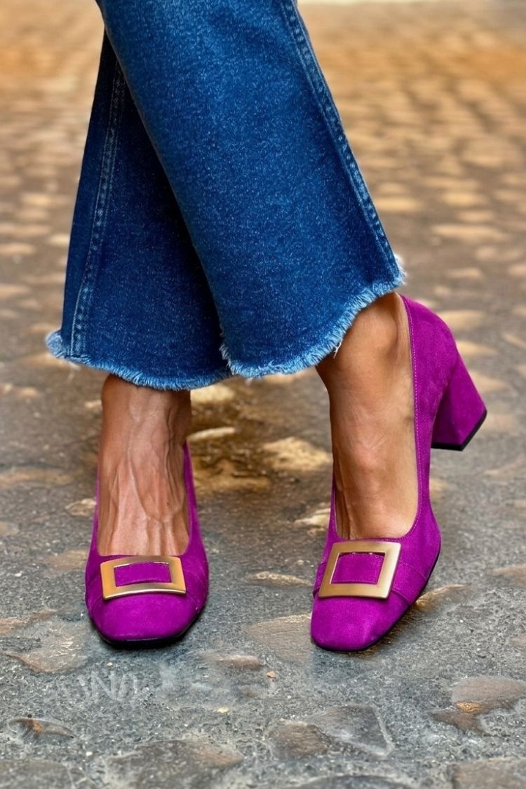 Tacones anchos patchwork Azul Marino en punta cuadrada