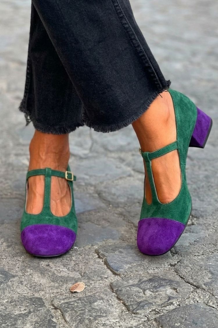 Tacones anchos patchwork Rojo en punta redonda con hebilla y tira en T