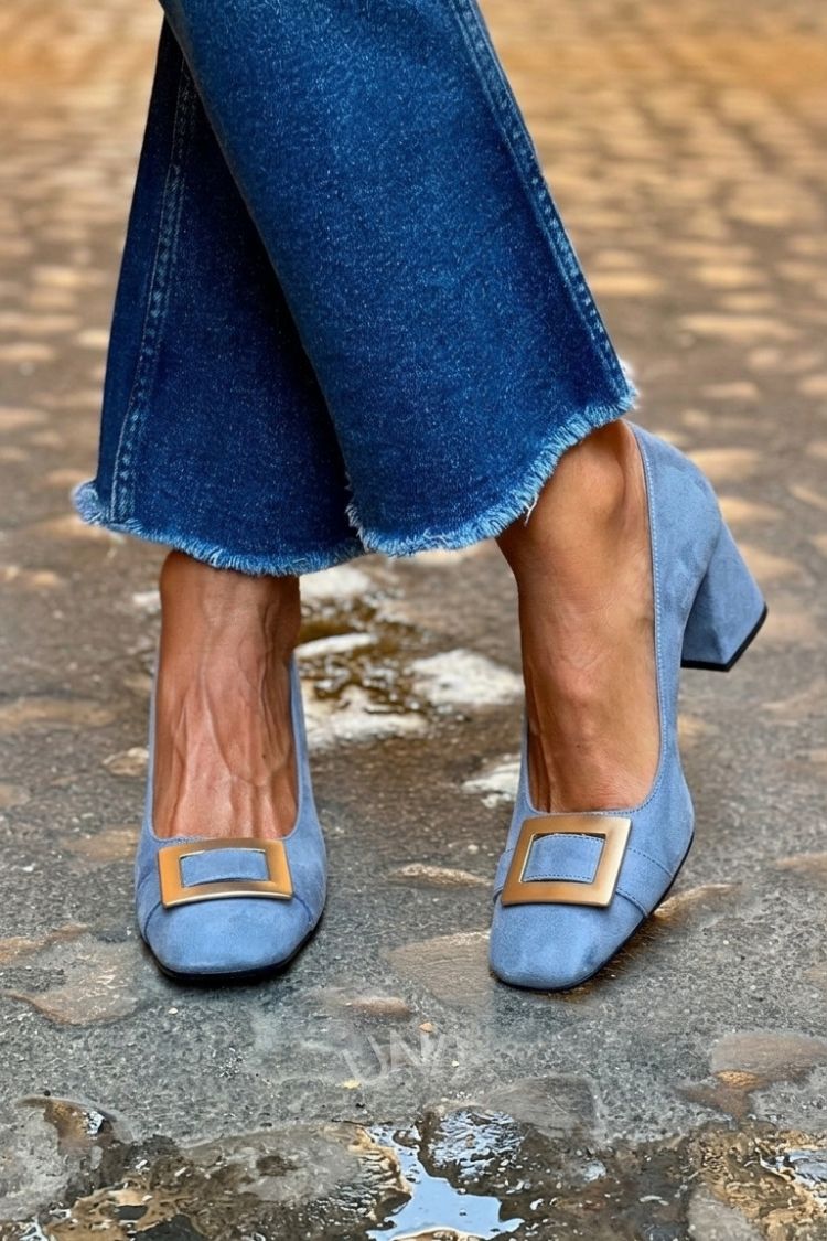 Tacones anchos patchwork Azul Marino en punta cuadrada