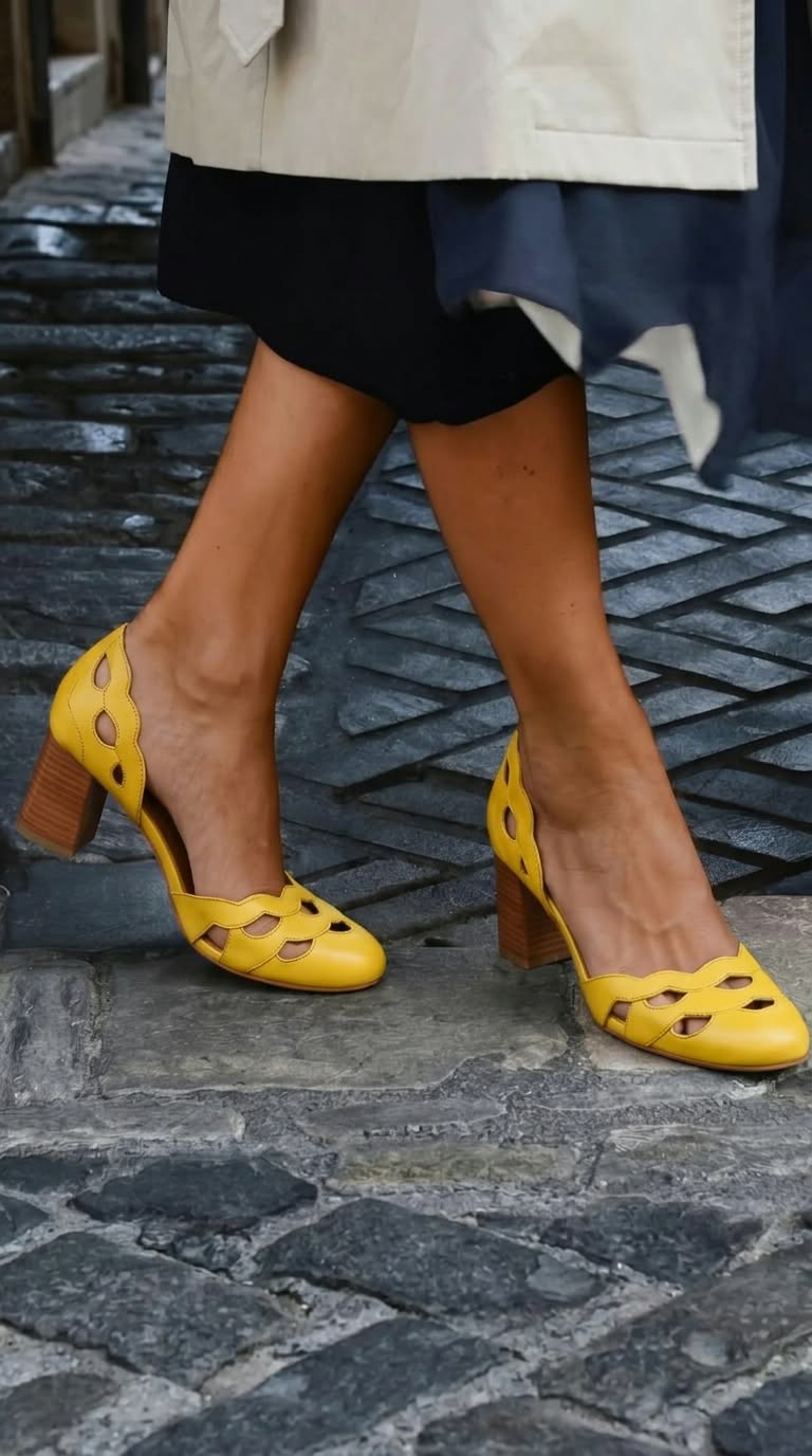 Tacones de bloque cut-out festoneados chunky Cuero de piel