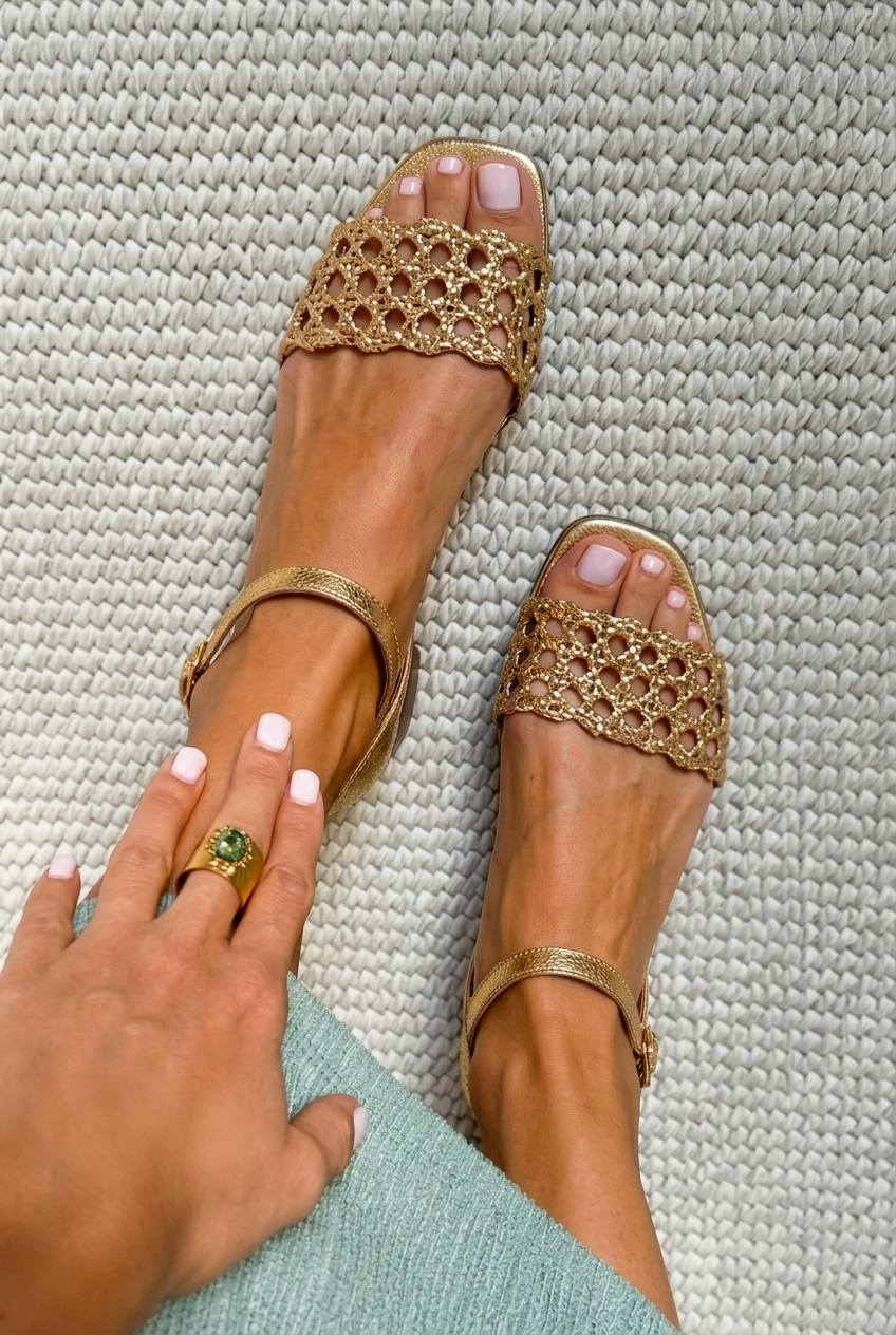 Sandalias trenzadas metalizadas chic bajas Oro en punta cuadrada