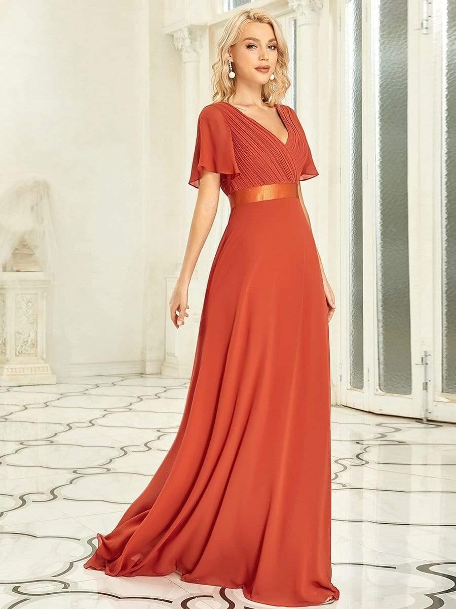 Marga | Vestido de dama de honor largo con corte imperio y mangas cortas con volantes
