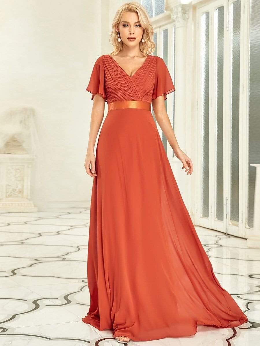 Marga | Vestido de dama de honor largo con corte imperio y mangas cortas con volantes