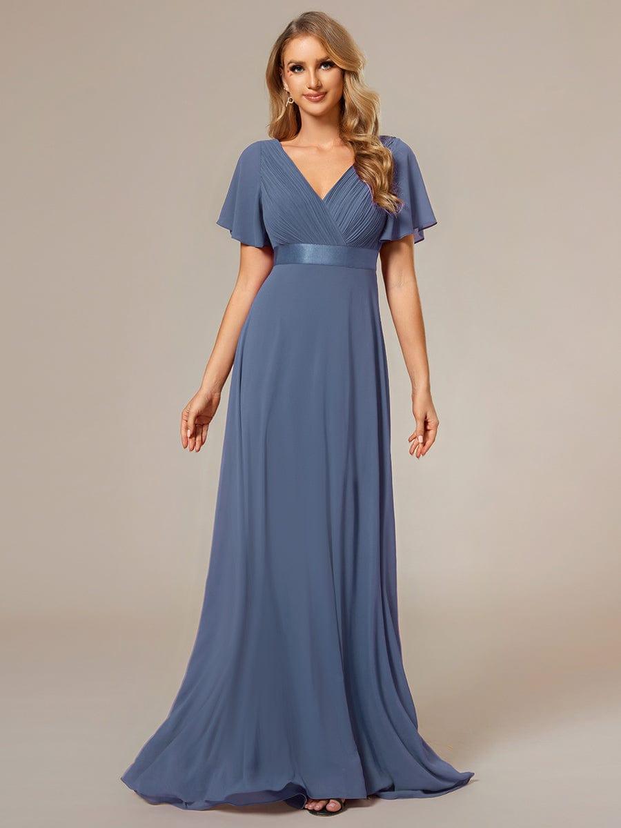 Marga | Vestido de dama de honor largo con corte imperio y mangas cortas con volantes