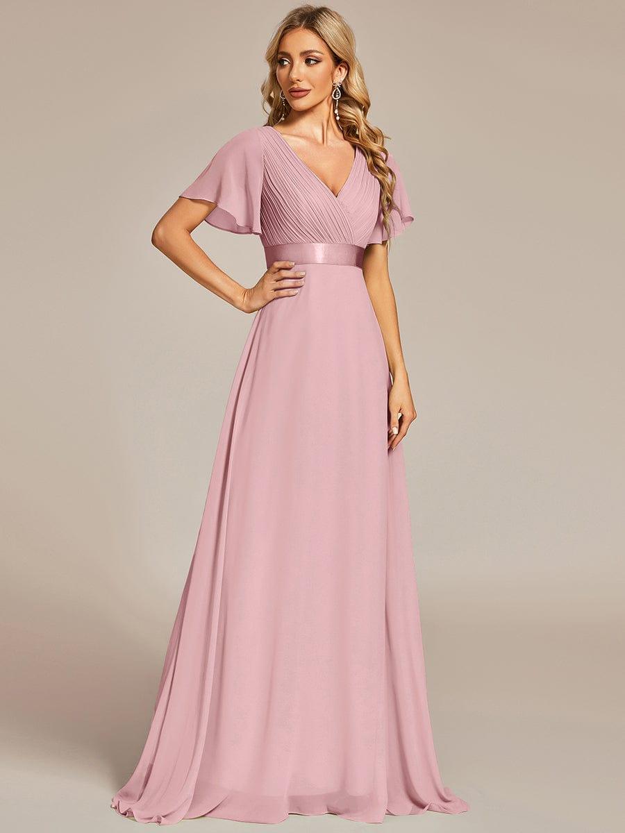 Marga | Vestido de dama de honor largo con corte imperio y mangas cortas con volantes