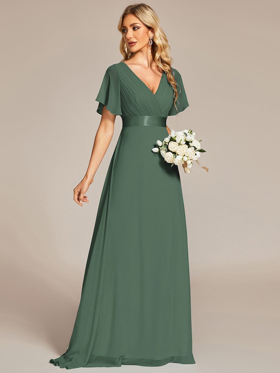 Marga | Vestido de dama de honor largo con corte imperio y mangas cortas con volantes
