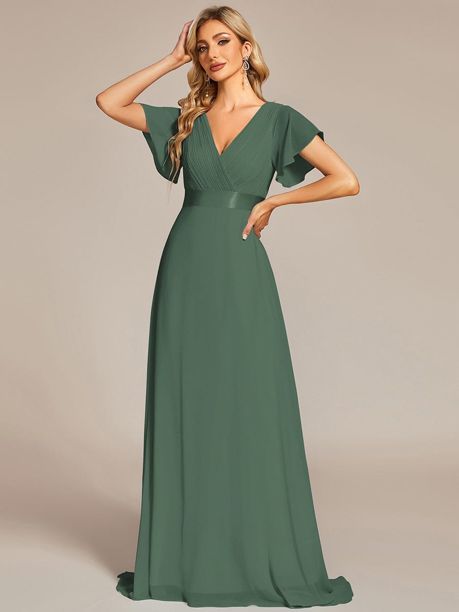 Marga | Vestido de dama de honor largo con corte imperio y mangas cortas con volantes