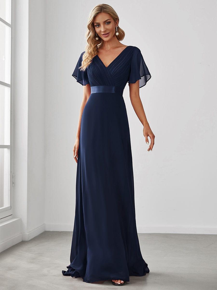 Marga | Vestido de dama de honor largo con corte imperio y mangas cortas con volantes