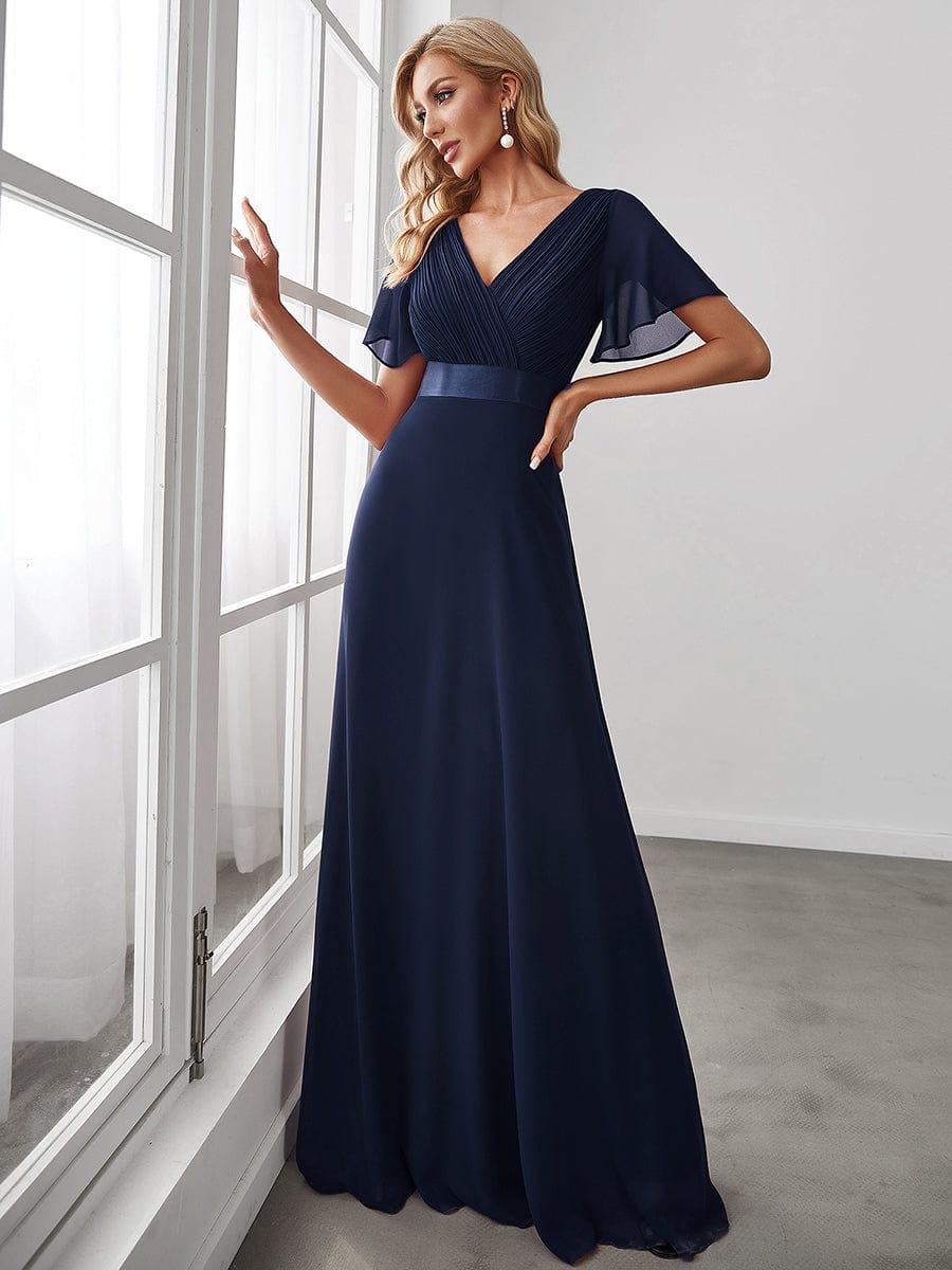 Marga | Vestido de dama de honor largo con corte imperio y mangas cortas con volantes