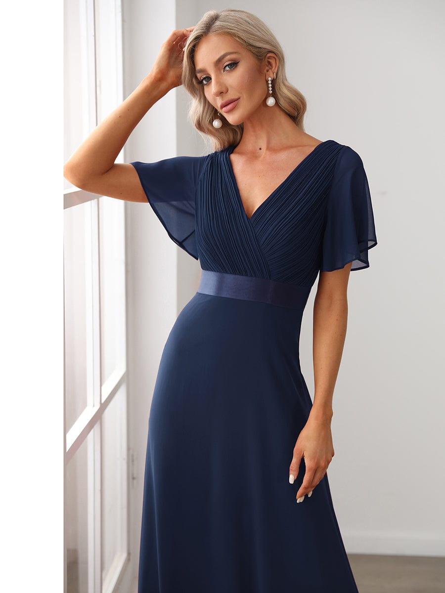 Marga | Vestido de dama de honor largo con corte imperio y mangas cortas con volantes