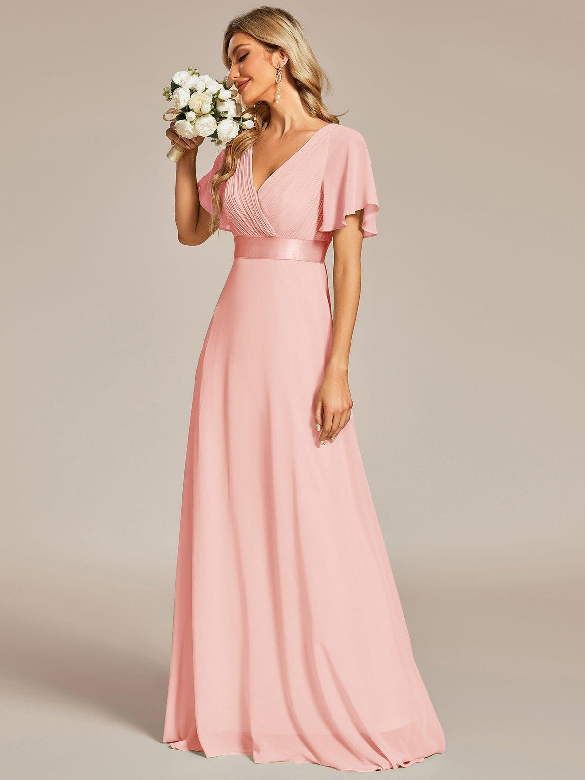 Marga | Vestido de dama de honor largo con corte imperio y mangas cortas con volantes