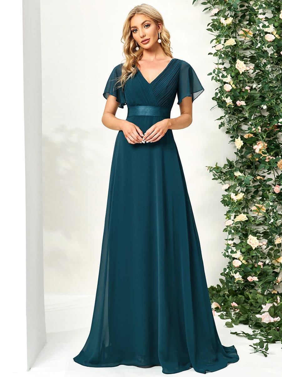 Marga | Vestido de dama de honor largo con corte imperio y mangas cortas con volantes