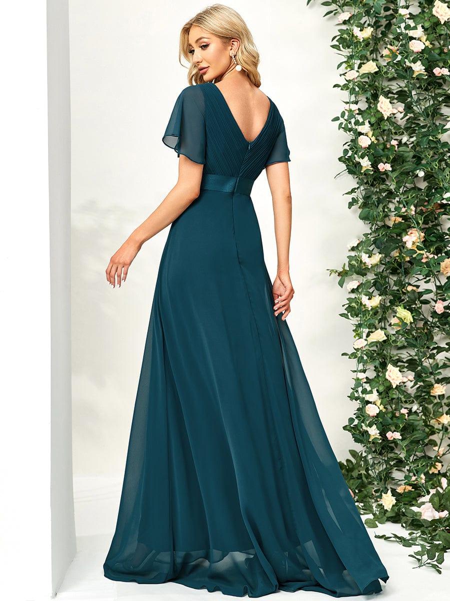 Marga | Vestido de dama de honor largo con corte imperio y mangas cortas con volantes