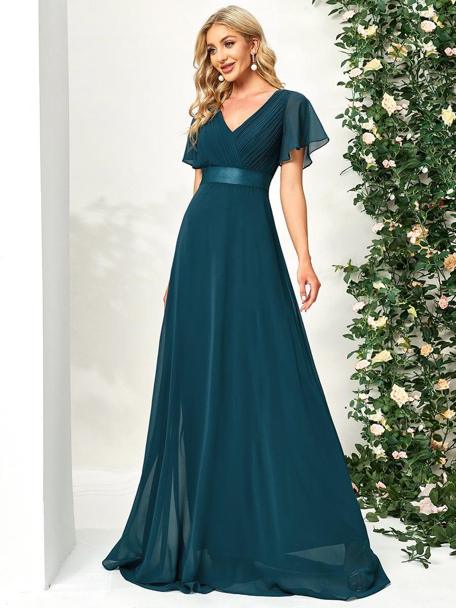 Marga | Vestido de dama de honor largo con corte imperio y mangas cortas con volantes