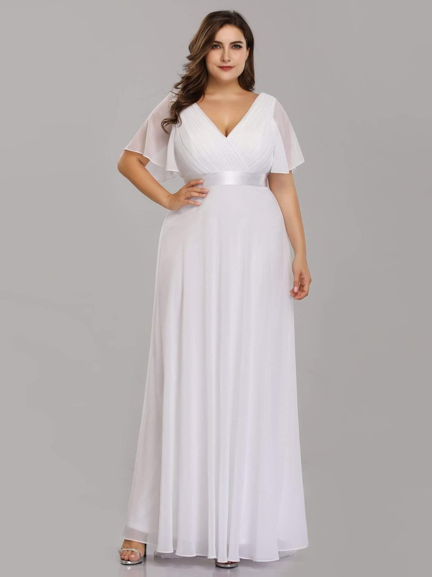 Marga | Vestido de dama de honor largo con corte imperio y mangas cortas con volantes