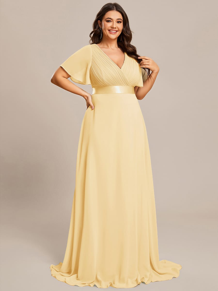 Marga | Vestido de dama de honor largo con corte imperio y mangas cortas con volantes