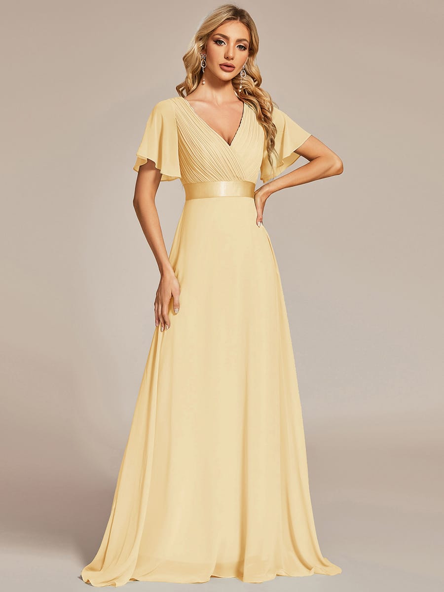 Marga | Vestido de dama de honor largo con corte imperio y mangas cortas con volantes