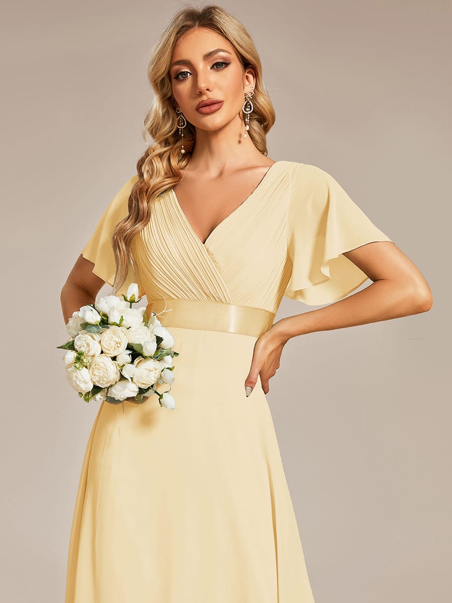Marga | Vestido de dama de honor largo con corte imperio y mangas cortas con volantes