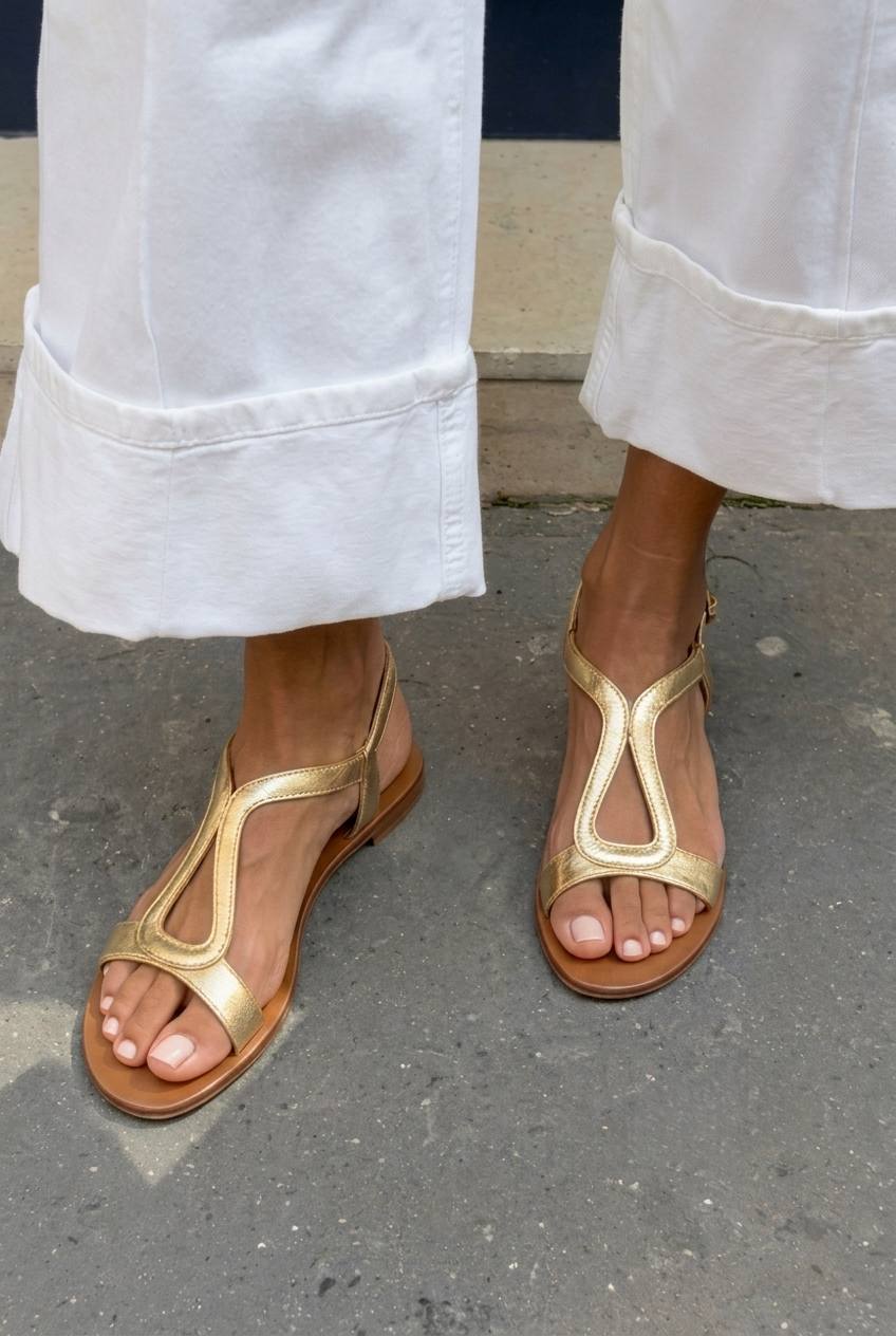 Sandalias slingback cut-out metalizadas casual bajas oro