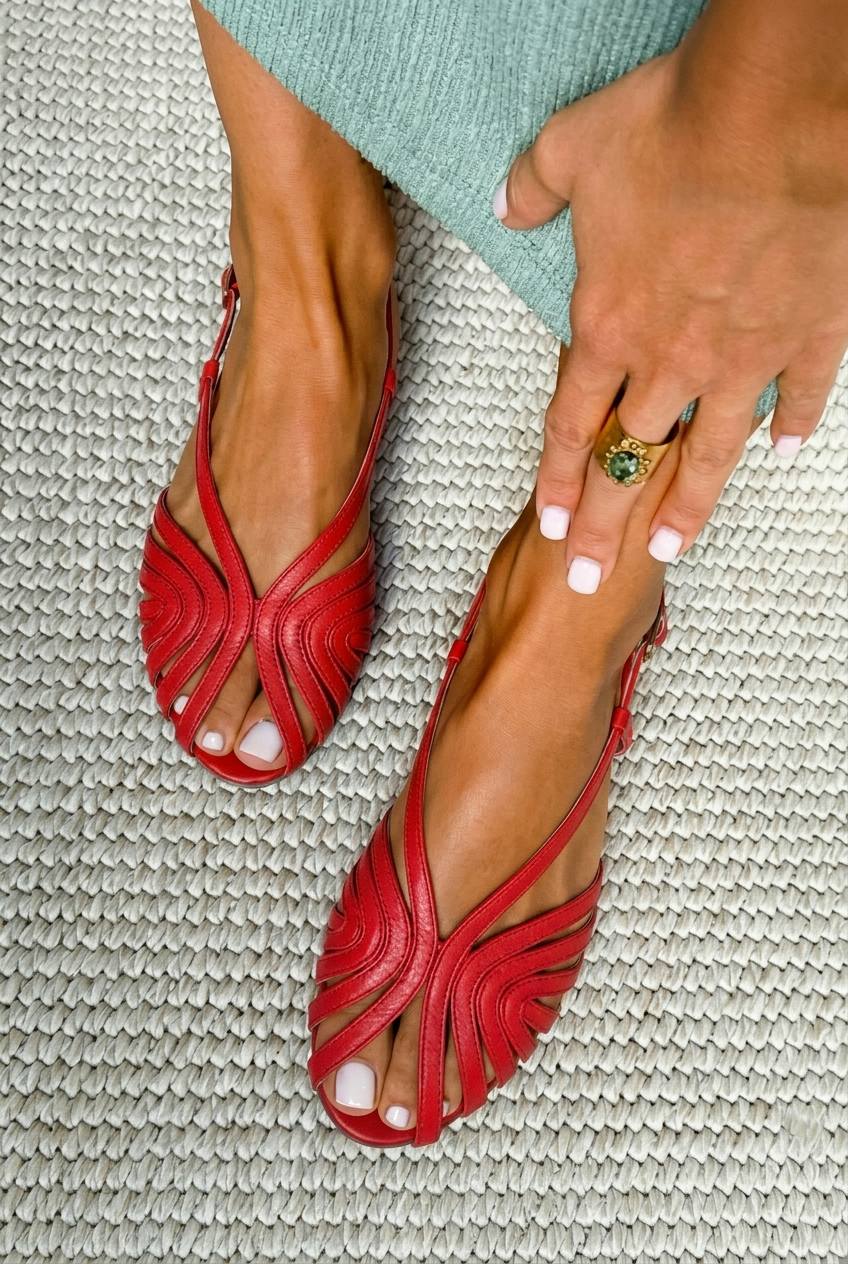 Sandalias peep toe veraniegas bajas rojo tipo jaula de piel con tiras