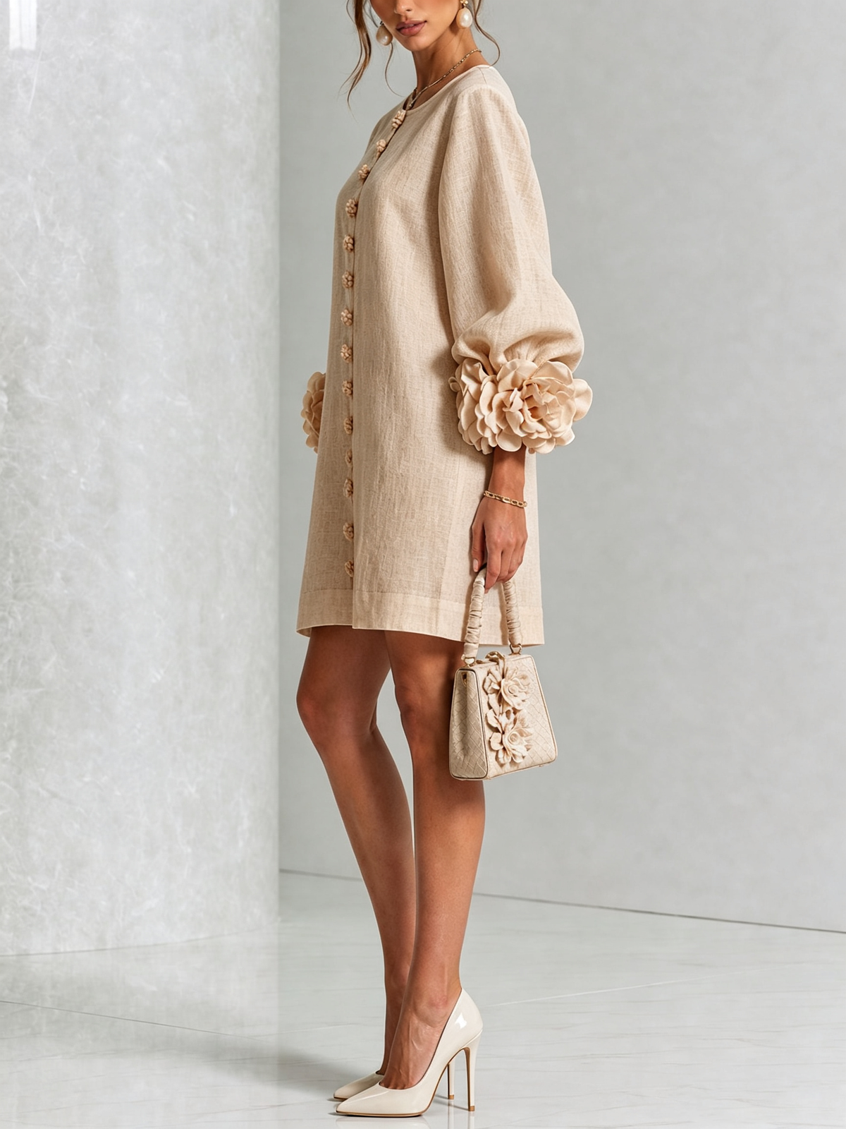 Ambra | Vestido Mini de Lino Mezclado con Puños de Rosa, Beige
