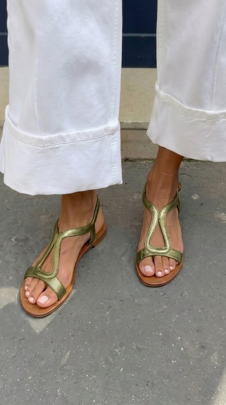 Sandalias slingback cut-out metalizadas casual bajas oro