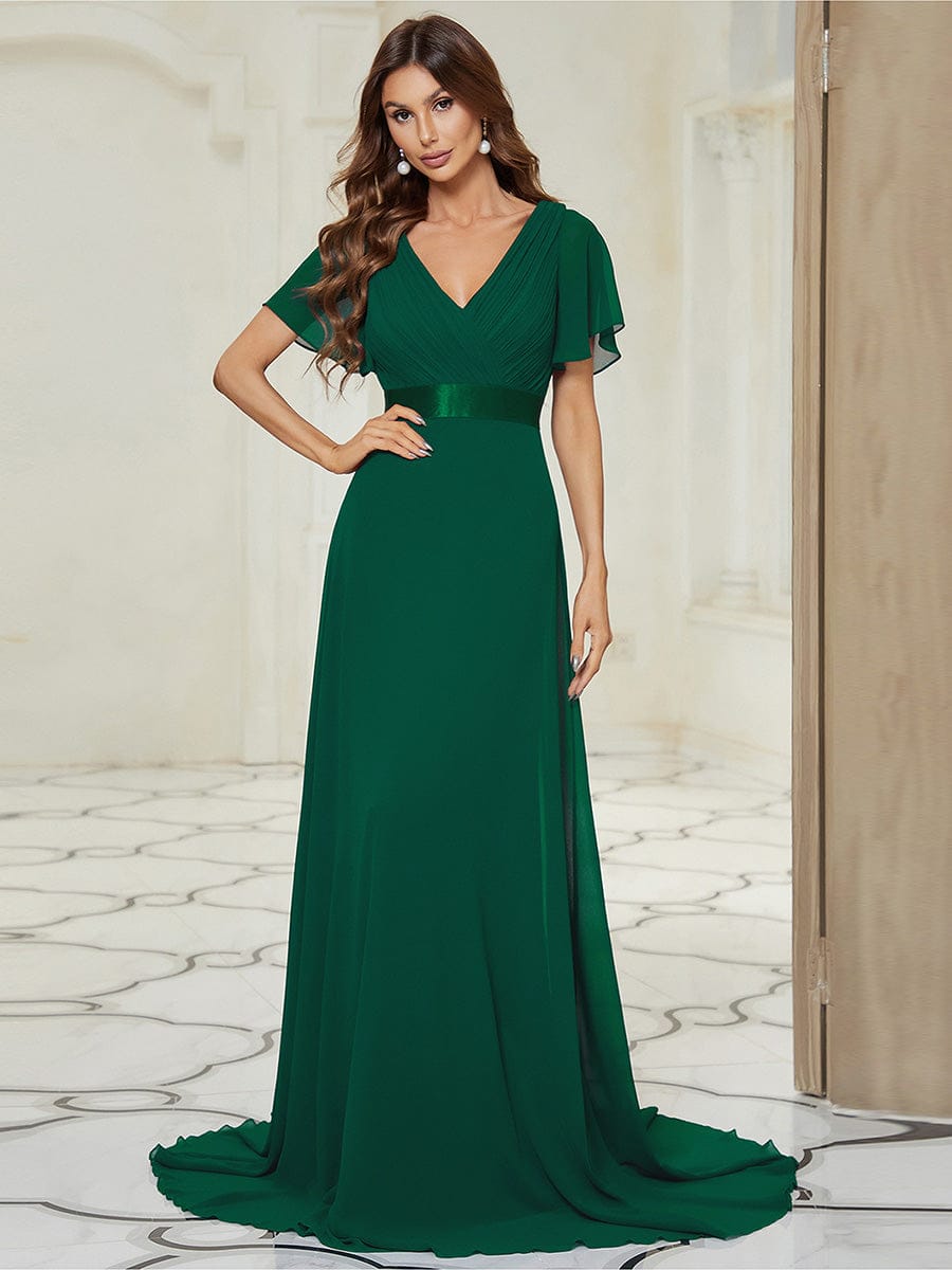 Marga | Vestido de dama de honor largo con corte imperio y mangas cortas con volantes