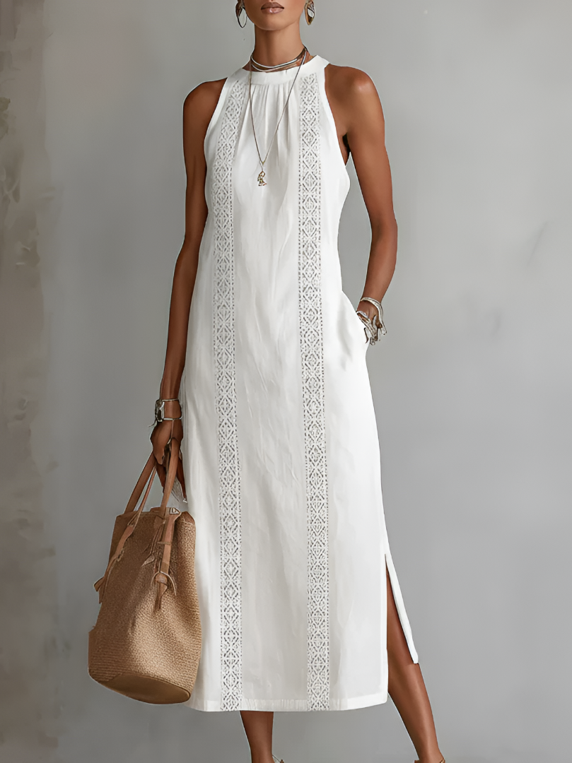 Nalia | Vestido midi de lino con cuello mao