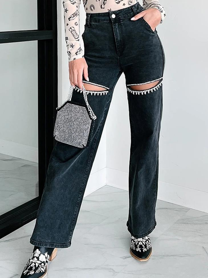 MIRANDA | Jeans rectos desgastados con detalle Strass