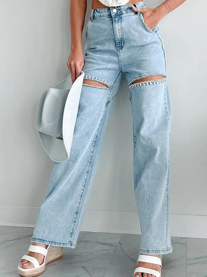 MIRANDA | Jeans rectos desgastados con detalle Strass